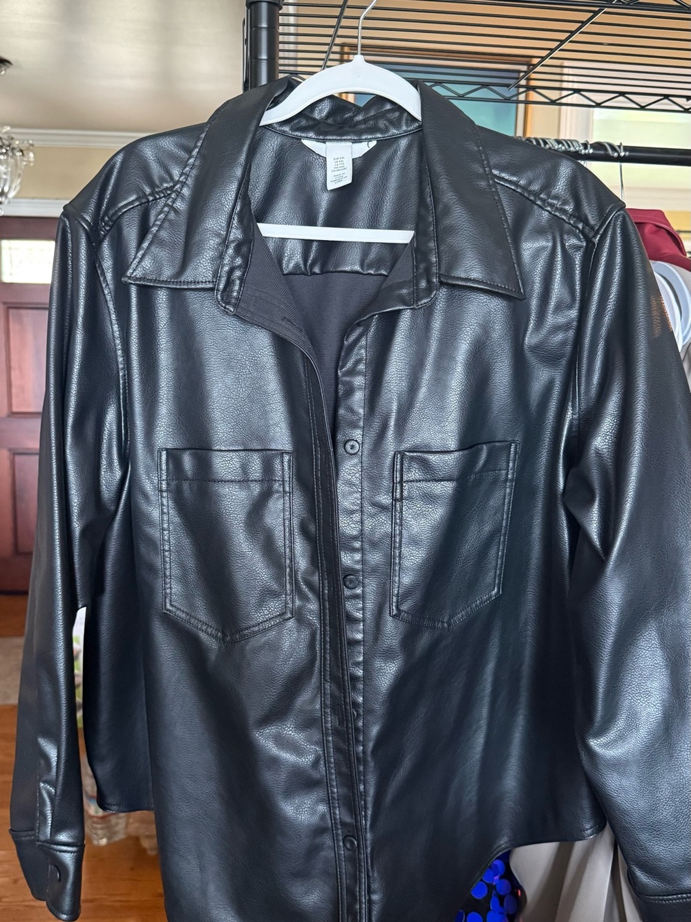 Black Faux Leather Button-Up Jacket with Chest Pockets